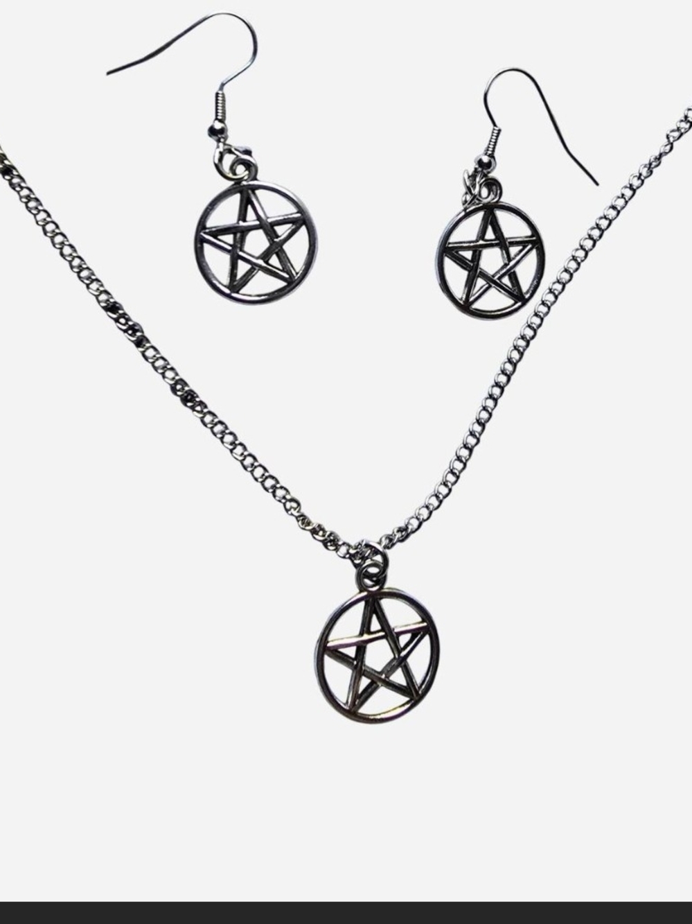Silver Pentagram Necklace and Earrings Set